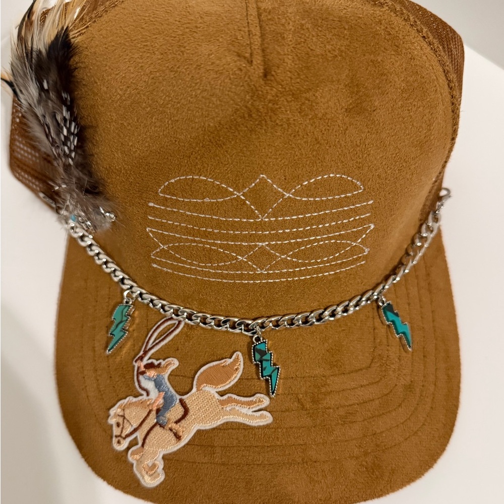 Brown Suede Western Cap with Chain and Lightning Charms turquoise great gift